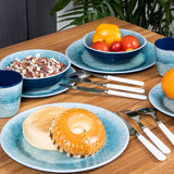 Melamin Geschirr Set Adria Blue für 4 Personen - 16 Teile Blau - mit klarem Trinkglas 250 ml aus Acryl Steingutoptikgeschirr