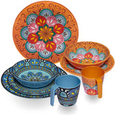Melamin Geschirr Set Toskana Pastel für 2 Personen - 8 Teile - Orange-Blau - Mandala-Optik Essgeschirr Campinggeschirr