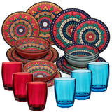 Melamin Geschirr Set Toskana Deep für 6 Personen - 24 Teile Rot-Grün - Mandala-Optik mit farblich passenden Trinkgläsern 320 ml Campinggeschirr