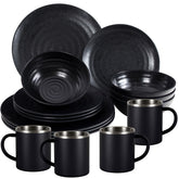 Melamin Geschirr Set Schwarz für 4 Personen 16 Teile mit Edelstahl Thermo Tassen doppelwandig - Essgeschirr - Campinggeschirr Picknick ideal für Camping modern Outdoor