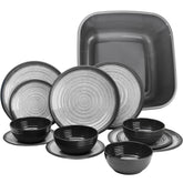 Melamin Geschirr für 4 Personen in Grau Granit-Optik 13 Teile - mit Waschschüssel mit je 4 großen Teller, 4 Dessertteller, 4 Schälchen - sehr robust dickwandig - farbecht - modernes Design - leicht