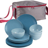 Melamin Geschirr Set Blau 13 Teile mit Aufbewahrungstasche - 4 Personen Essgeschirr Campinggeschirr Picknick für Camping Teller Schüssel Schale Melamingeschirr Tafelgeschirr mit Reißverschluß Tasche