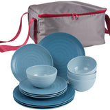 Melamin Geschirr Set Blau 13 Teile mit Aufbewahrungstasche - 4 Personen Essgeschirr Campinggeschirr Picknick für Camping Teller Schüssel Schale Melamingeschirr Tafelgeschirr mit Reißverschluß Tasche