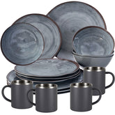 Melamin Geschirr Set Grau für 4 Personen 16 Teile mit Edelstahl Thermo Tassen doppelwandig - Tonoptik Essgeschirr - Campinggeschirr Picknick ideal für Camping modern Outdoor