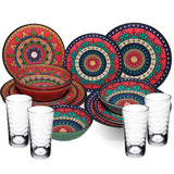 Melamin Geschirr Set Toskana Deep für 4 Personen - 16 Teile Rot-Grün - Mandala-Optik mit klaren Trinkgläsern 260 ml Campinggeschirr