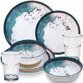 Melamin Geschirr Set Lagune für 2 Personen - 8 Teile - mit klaren Gläsern 400ml Steingutoptik Spülmaschinengeeignet Essgeschirr Campingzubehör Campinggeschirr Wohnwagen Camping Festival Picknick Gartenparty