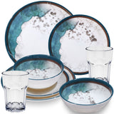 Melamin Geschirr Set Lagune für 2 Personen - 8 Teile - mit klaren Gläsern 400ml Steingutoptik Spülmaschinengeeignet Essgeschirr Campingzubehör Campinggeschirr Wohnwagen Camping Festival Picknick Gartenparty