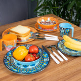 Melamin Geschirr Set Toskana Pastel für 6 Personen - 24 Teile - Orange-Blau - Mandala-Optik mit klaren Trinkgläsern 460 ml aus Acryl Spülmaschinengeeignet Campinggeschirr