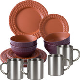 Melamin Geschirrset für 4 Personen - 16 Teile elegante Steingut Optik in Terracotta-Rot - mit Edelstahl Thermo Tassen - Campinggeschirr Geschirrset Tafelgeschirr Spülmaschinengeeignet Tableware Outdoor Camping