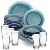 Melamin Geschirr Set Adria Blue für 6 Personen - 24 Teile Blau - mit klarem Trinkglas 300 ml aus Acryl Steingutoptik Campinggeschirr