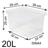 AUFBEWAHRUNGSBOX 20 Liter - Aufbewahrungsbox mit Deckel - 39x29x25cm - transparent klar - stapelbar - DINA4 Format - Kunststoff Box Stapelkiste Unterbettkommode Büro