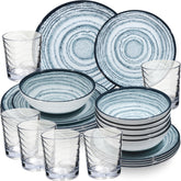 Melamin Geschirr Set Blau Schiefer für 6 Personen - 24 Teile - mit klaren Trinkgläsern 250 ml - Steingutoptik Spülmaschinengeeignet Essgeschirr Campingzubehör Campinggeschirr Wohnwagen Camping