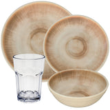 Melamin Geschirr Set Jesolo Sand für 2 Personen - 8 Teile - mit klarem Trinkglas 400ml Steingutoptik Spülmaschinengeeignet Essgeschirr Campingzubehör Campinggeschirr Wohnwagen Camping