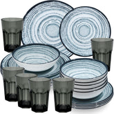Melamin Geschirr Set Blau Schiefer für 6 Personen - 24 Teile - mit grauen Trinkgläsern 400 ml - Steingutoptik Spülmaschinengeeignet Essgeschirr Campingzubehör Campinggeschirr Wohnwagen Camping