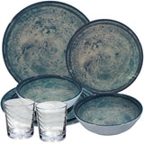 Melamin Geschirr Set Mondgranit Blau-Grau für 2 Personen - 8 Teile - mit klaren Trinkgläsern 250ml Steingutoptik Spülmaschinengeeignet Essgeschirr Campingzubehör Campinggeschirr Wohnwagen Camping