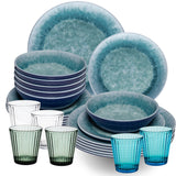 Melamin Geschirr Set Adria Blue für 6 Personen - 24 Teile Blau - mit farblich passenden Trinkgläsern 360 ml aus Acryl Steingutoptik Campinggeschirr