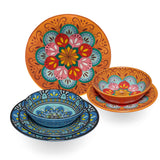 Melamin Geschirr Set Toskana Pastel für 6 Personen - 24 Teile - Orange-Blau - mit Edelstahltassen Mandala-Optik Spülmaschinengeeignet Essgeschirr Campingzubehör Campinggeschirr Wohnwagen Camping