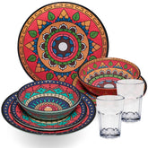 Melamin Geschirr Set Toskana Deep für 2 Personen - 8 Teile - Rot-Grün - Mandala-Optik mit klaren Trinkgläsern 400 ml Campinggeschirr