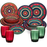 Melamin Geschirr Set Toskana Deep für 4 Personen - 16 Teile Rot-Grün - Mandala-Optik mit farblich passenden Trinkgläsern 320 ml Campinggeschirr