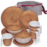 Melamin Geschirr Set Bambi Braun für 4 Personen - 17 Teile mit stapelbaren Tassen und Tasche Holzoptik Essgeschirr Campinggeschirr