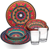 Melamin Geschirr Set Toskana Deep für 2 Personen - 8 Teile - Rot-Grün - Mandala-Optik mit klaren Trinkgläsern 320 ml Campinggeschirr