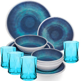 Melamin Geschirr Set Jesolo Blau für 4 Personen - 16 Teile - mit farblich passenden Trinkgläsern 300ml aus Acryl Campinggeschirr