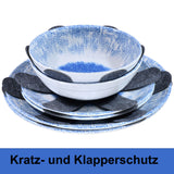 Melamin Geschirr Set Wish Flower Blau für 6 Personen - 24 Teile - mit Edelstahl Thermo Tassen Pusteblume Steingutoptik Spülmaschinengeeignet Essgeschirr Campingzubehör Campinggeschirr Wohnwagen Camping Festival Picknick Gartenparty