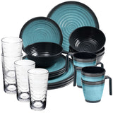 Melamin Geschirrset für 4 Personen blau schwarz - 20 Teile - mit Tassen und klaren Trinkgläsern 260 ml Campinggeschirr Essgeschirr Gläser Whiskey Campinggeschirr Picknick Camping Outdoor