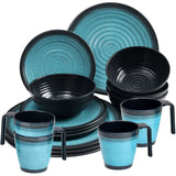 Melamin Geschirrset für 4 Personen - 16 Teile mit Tassen elegante Steingut Optik in blau Essgeschirr Gläser Wasserglas Tumbler Whiskey Campinggeschirr Picknick Camping Outdoor