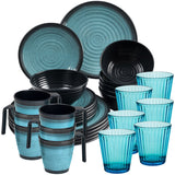Melamin Geschirr Set 30 Teile elegante Steingut Optik in blau mit Tassen Wasserglas 360ml blau - für 6 Personen Essgeschirr Gläser Wasserglas Tumbler Whiskey Campinggeschirr Picknick Camping Outdoor