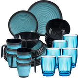 Melamin Geschirr Set 30 Teile elegante Steingut Optik in blau mit Tassen Wasserglas 320ml blau - für 6 Personen Essgeschirr Gläser Wasserglas Tumbler Whiskey Campinggeschirr Picknick Camping Outdoor