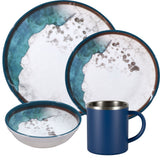Melamin Geschirr Set Lagune für 6 Personen - 24 Teile - mit Edelstahl Thermo Tassen Steingutoptik Spülmaschinengeeignet Essgeschirr Campingzubehör Campinggeschirr Wohnwagen Camping Festival Picknick Gartenparty