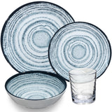 Melamin Geschirr Set Blau Schiefer für 4 Personen - 16 Teile - mit klaren Trinkgläsern 250 ml - Steingutoptik Spülmaschinengeeignet Essgeschirr Campingzubehör Campinggeschirr Wohnwagen Camping