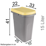 2x Mülleimer 15 Liter schmal Deckel Recycling Mülltrennung Abfalleimer Abfallbehälter Müll Küche rechteckig Abfallsammler Kunststoff Eimer Mülltonne Schmal Müllsackhalterung