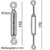 8x Edelstahl Spannschloss Spannschraube D-5mm - M5 - beidseitigen Ösen - V2A Seilspanner Segelspanner für Drahtseil - 11-17cm lang Wantenspanner Bruchlast 650kg