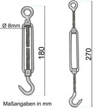 4x Edelstahl Spannschloss Spannschraube D-10mm - M10 - Öse+Haken V2A - Seilspanner Segelspanner für Drahtseil - 22-34 cm lang Wantenspanner Bruchlast 800kg