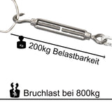 Edelstahl Spannschloss Spannschraube D-10mm - M10 - Öse+Haken - V2A - Seilspanner Segelspanner für Drahtseil - 22-34 cm lang Wantenspanner Bruchlast 800kg