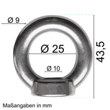 10x Edelstahl M10 Ringmutter V2A 304 - Ösenmutter Augenmutter Ringösen Traglast 600 kg Hebegeräte Hebezubehör Loch für Kabelseil Eye nut