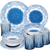 Melamin Geschirr Set Wish Flower Blau für 4 Personen - 16 Teile - mit blauem Trinkglas 300ml Steingutoptik Spülmaschinengeeignet Essgeschirr Campingzubehör Campinggeschirr Wohnwagen Camping