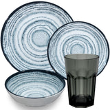 Melamin Geschirr Set Blau Schiefer für 6 Personen - 24 Teile - mit grauen Trinkgläsern 400 ml - Steingutoptik Spülmaschinengeeignet Essgeschirr Campingzubehör Campinggeschirr Wohnwagen Camping