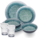 Melamin Geschirr Set Adria Blue für 2 Personen - 8 Teile Blau - mit klarem Trinkglas 400 ml aus Acryl Steingutoptik Campinggeschirr Camping