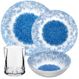 Melamin Geschirr Set Wish Flower Blau für 6 Personen - 24 Teile - mit klarem Trinkglas 300ml Steingutoptik Spülmaschinengeeignet Essgeschirr Campingzubehör Campinggeschirr Wohnwagen Camping