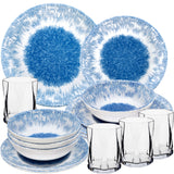 Melamin Geschirr Set Wish Flower Blau für 4 Personen - 16 Teile - mit klarem Trinkglas 300ml Steingutoptik Spülmaschinengeeignet Essgeschirr Campingzubehör Campinggeschirr Wohnwagen Camping