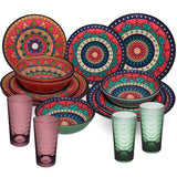 Melamin Geschirr Set Toskana Deep für 4 Personen - 16 Teile Rot-Grün - Mandala-Optik mit farblich passenden Trinkgläsern 260 ml Campinggeschirr