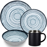 Melamin Geschirr Set Blau Schiefer für 4 Personen - 16 Teile - mit Edelstahl Thermo Tassen Steingutoptik Spülmaschinengeeignet Essgeschirr Campingzubehör Campinggeschirr Wohnwagen Camping Festival Picknick Gartenparty