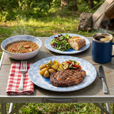 Melamin Geschirr Set Wish Flower Blau für 6 Personen - 24 Teile - mit Edelstahl Thermo Tassen Pusteblume Steingutoptik Spülmaschinengeeignet Essgeschirr Campingzubehör Campinggeschirr Wohnwagen Camping Festival Picknick Gartenparty