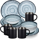 Melamin Geschirr Set Blau Schiefer für 4 Personen - 16 Teile - mit Edelstahl Thermo Tassen Steingutoptik Spülmaschinengeeignet Essgeschirr Campingzubehör Campinggeschirr Wohnwagen Camping Festival Picknick Gartenparty