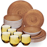 Melamin Geschirr Set Bambi Braun für 6 Personen - 24 Teile mit farblich passenden Trinkgläsern 400 ml aus Acryl Steingutoptik Campinggeschirr