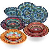 Melamin Geschirr Set Toskana für 4 Personen - 12 Teile - BUNT - Mandala-Optik Essgeschirr Campinggeschirr