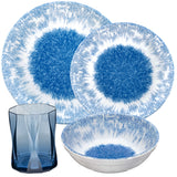 Melamin Geschirr Set Wish Flower Blau für 4 Personen - 16 Teile - mit blauem Trinkglas 300ml Steingutoptik Spülmaschinengeeignet Essgeschirr Campingzubehör Campinggeschirr Wohnwagen Camping